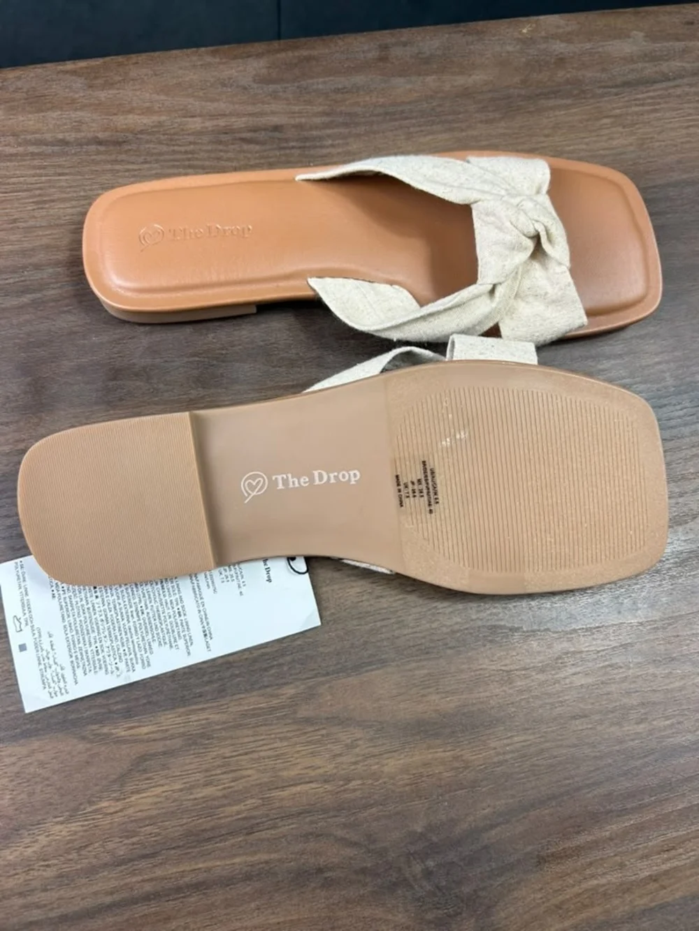 The Drop Women's Tan Slide Sandals with Cream Knot Strap